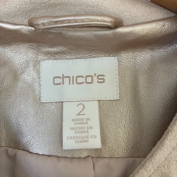 Chico's Moto Jacket Sz 2 (Large) Faux-Leather Champagne Gold Asymmetric Full Zip - Picture 3 of 7